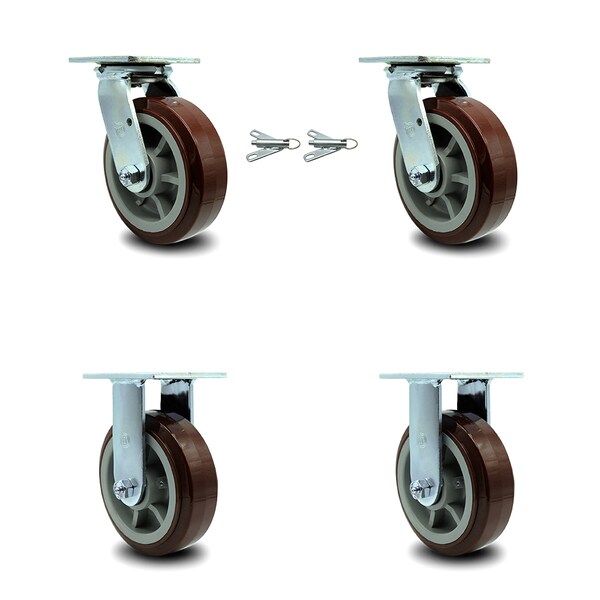 6 Inch Polyurethane Caster Set with Roller Bearings 2 Swivel Lock 2 Rigid SCC
